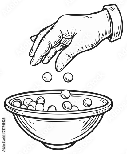 Hand Dropping Pills into Bowl Monochrome Illustration, Sketch Style