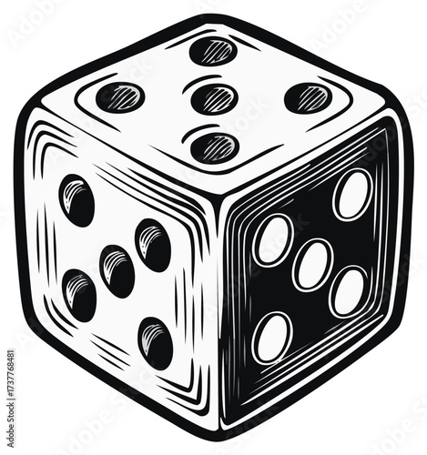 Vector Illustration of a Die with Visible Numbers: 1, 3, 5 in Black and White. Luck, Chance, and Gaming Elements