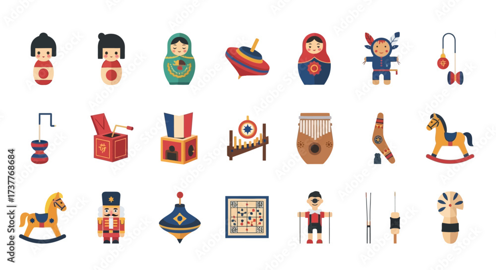 Fototapeta premium Collection of Vintage Toys - Matryoshka Dolls, Spinning Tops, and Rocking Horses.
