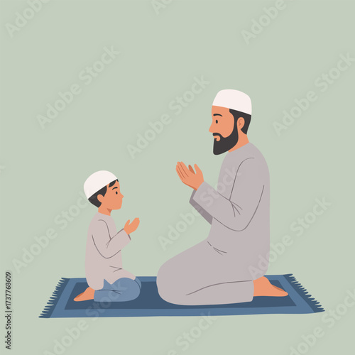 Muslim Father Son Praying Together: Islamic Family Prayer, Devotion, Ramadan Illustration