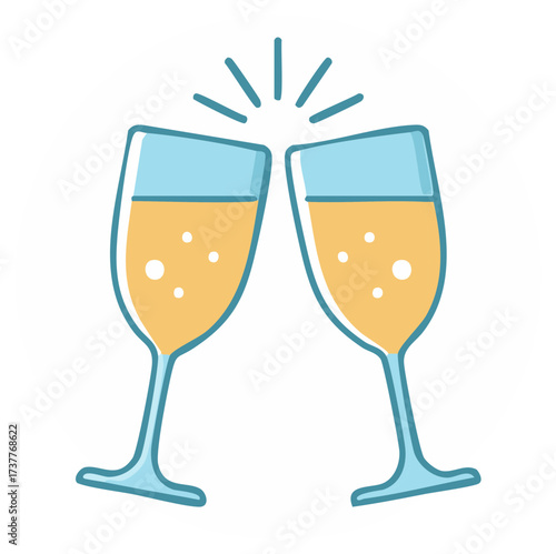 Illustrative toast with two champagne flutes filled with bubbling golden liquid, party celebration cheers