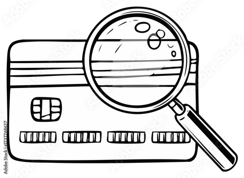 Magnifying glass examining a credit card black and white line art illustration