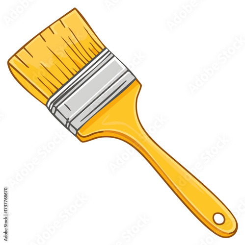 Illustration of a yellow paintbrush with gray ferrule and hole in the handle for hanging