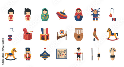 Collection of Vintage Toys - Matryoshka Dolls, Spinning Tops, and Rocking Horses.