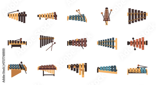 Collection of Xylophone Illustrations - Musical Percussion Instruments.