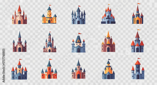 Collection of Whimsical Cartoon Castles with Colorful Designs.
