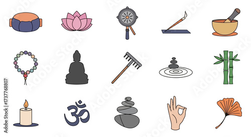 Collection of Zen and Meditation Symbols and Objects for Spiritual Practices.