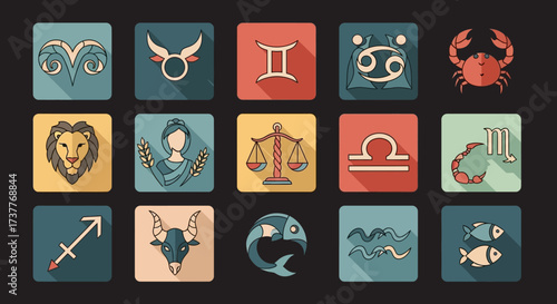 Collection of Zodiac Signs and Symbols in Square Icons.