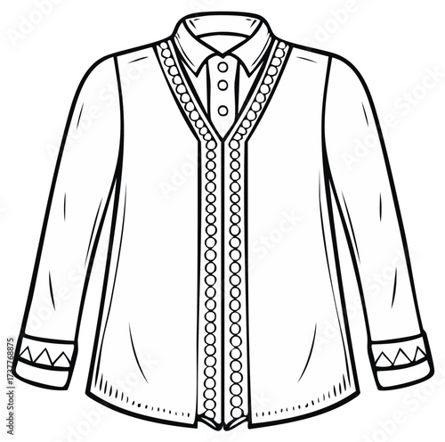 Illustrated button down shirt with decorated trim. Design template fashion outline vector. Long sleeved blouse line art.
