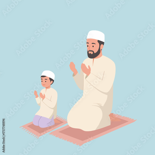 Muslim Father Son Praying Together on Prayer Mats