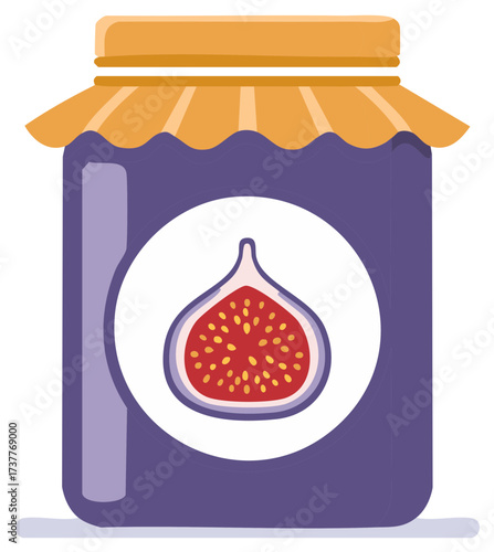 Vector illustration of a glass jar of purple fig jam with a fruit label and decorative cap
