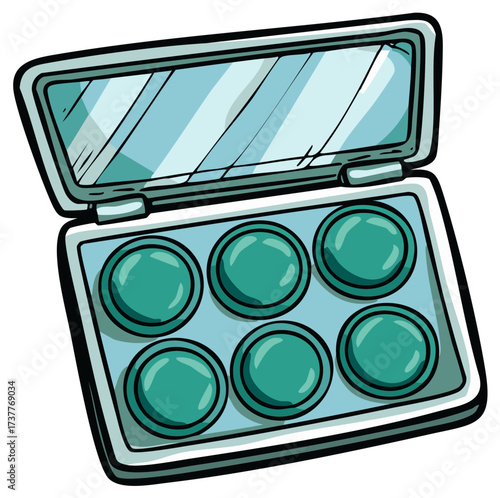 Illustration of an open teal eye shadow palette with mirror, makeup beauty product