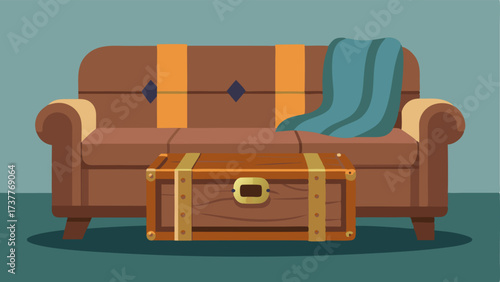An antique wooden chest used as a coffee table paired with a worn leather sofa and cozy knit throws.
