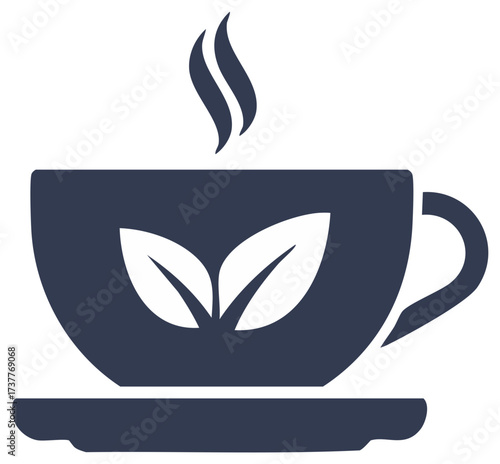 Simple flat vector icon of a steaming cup of herbal tea with a leaf logo on a saucer