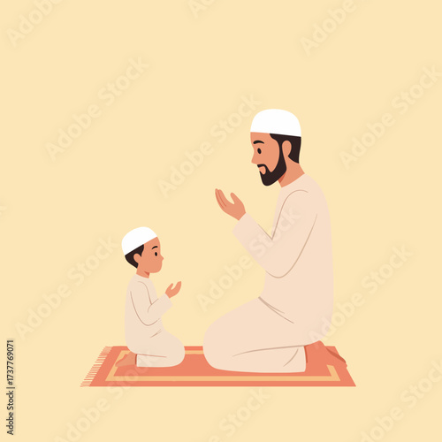 Muslim Father Son Praying Together on Mat, Islamic Family Devotion