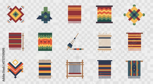 Colorful Ethnic Textile and Carpet Weaving Flat Icon Set.