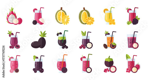 Colorful Flat Illustrations of Various Exotic Fruit Beverages.