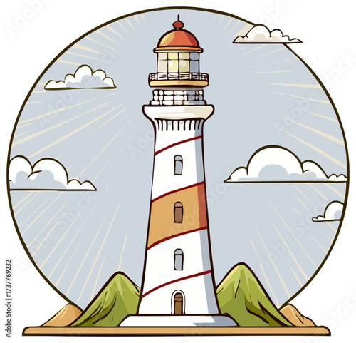 Cartoon Lighthouse Beacon Guidance Seascape Tower on Hill with Clouds and Radiating Light