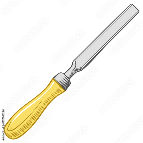 Vector illustration of a classic wood chisel with a yellow handle for carpentry work