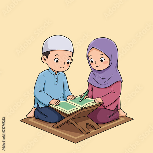 Happy Muslim Children Learning Quran Together Illustration