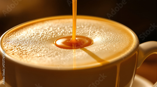 Caramel syrup dripping into cappuccino with frothy foam.
