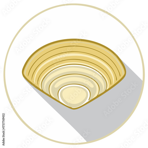 Illustrative seashell graphic emblem icon golden shell long shadow nautical nature round banner, sea marine life scallop