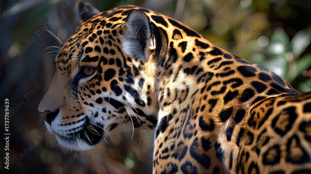 Fototapeta premium Hyper-realistic animation close-up of jaguar head showing spotted coat pattern and intense amber eyes