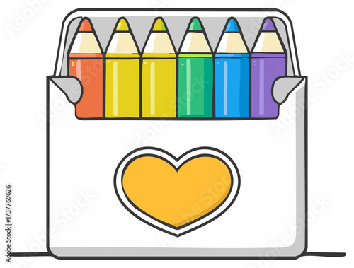Box of colorful pencils with a heart emblem, artistic and creative