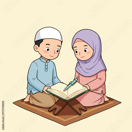 Happy Muslim Kids Studying Quran Together, Islamic Education Vector Illustration