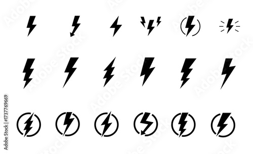 Lightning bolt icon. Flash symbol, thunderbolt, blitz lightnings strike sign. Electric energy black silhouettes, power concept. Vector isolated dynamic sports logo set