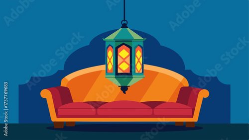 A Moroccanstyle lantern hanging from the ceiling casting a warm glow over a colorful couch.