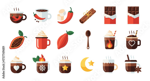 Cozy Winter Hot Chocolate and Spices Icon Collection.