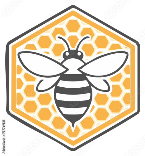 Stylized bee emblem with honeycomb pattern inside hexagonal frame