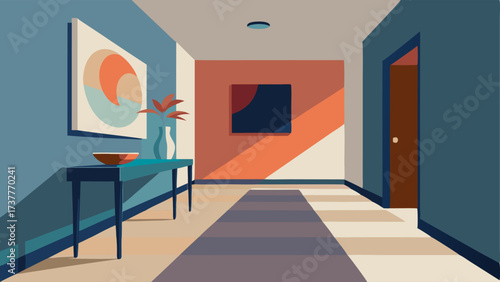 A hallway with a floating console table and a large abstract art piece on the wall.