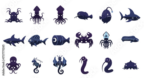 Deep sea creatures collection of various marine life forms.