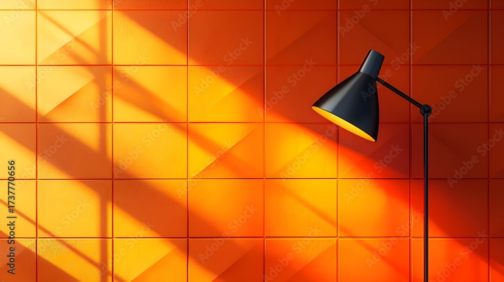 Fototapeta premium Minimalist interior with geometric wall pattern and modern floor lamp casting dramatic shadows, perfect for creative design concepts.