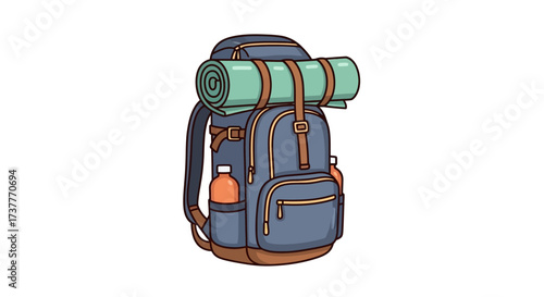 Detailed illustration of a blue hiking backpack with camping gear ready for outdoor adventures.