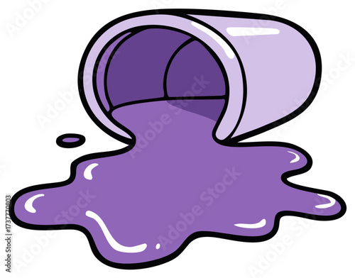 Purple paint spilling from a can making a messy puddle cartoon illustration