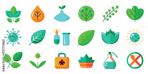 An assortment of flat design icons depicting nature, health, and scientific elements, nature, health, science, icons, illustrations. 