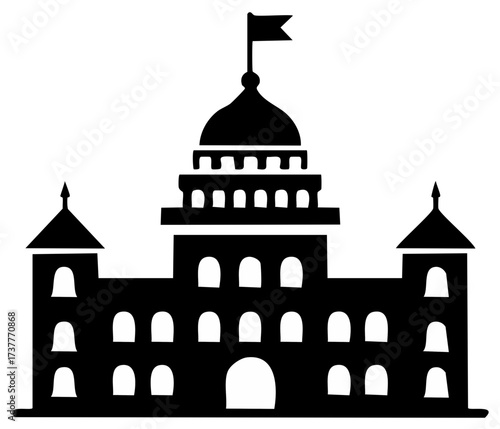 Classic Government Building Icon with Central Dome, Archways, and Flag Symbol