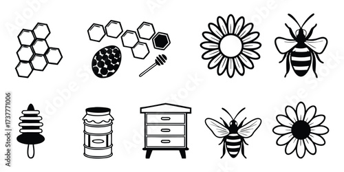 Beehive Honeycomb Flower and Bee Icons in  hive, flower, dipper, jar, icon, symbol, agriculture, apiary, insect, nature, vector illustration. 