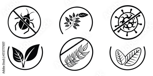Black And White Icons For Pest Control And Natural Product, Labels, insect, virus,   bacteria, leaf, plant, branch, wheat, agriculture, organic, illustration. 
