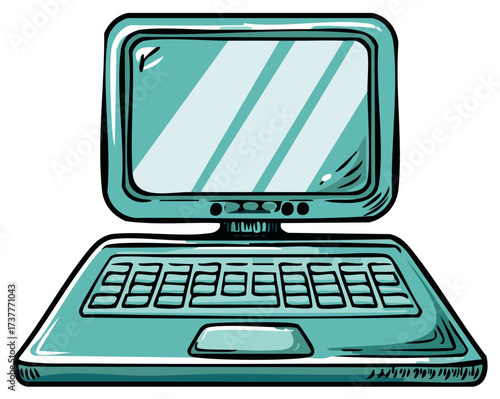 Hand-drawn cartoon laptop computer open with teal colored casing and black outline detail