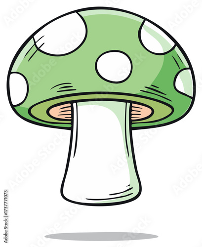 Cartoon Style Mushroom with Green Cap and White Spots, Simple Isolated Fungi Illustration, Single Organic Forest Plant