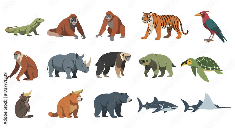 Obraz premium Diverse collection of endangered wildlife animals in a flat style.