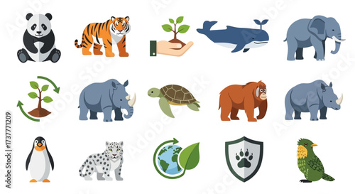 Diverse Collection of Endangered and Protected Wildlife Species and Environmental Conservation Symbols.