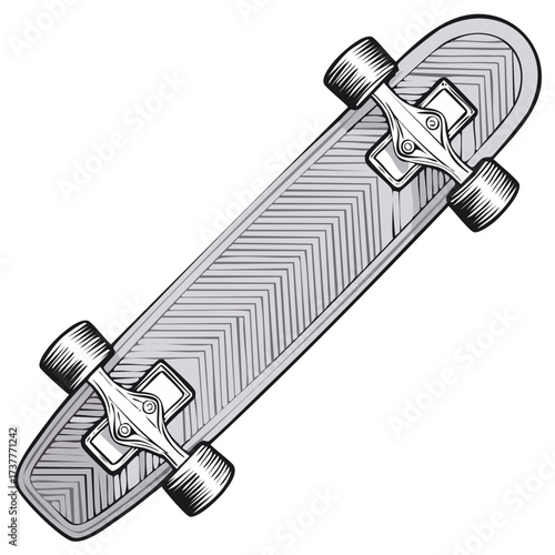 Skateboard illustration with textured deck pattern and retro wheels for action sports, and skateboarding culture design.