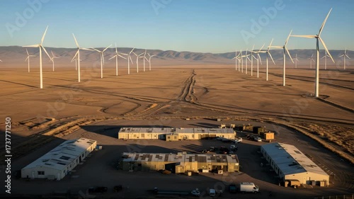 Wallpaper Mural Aerial view of wind turbines and housing complex in arid plain, concept of clean energy and modern infrastructure Torontodigital.ca