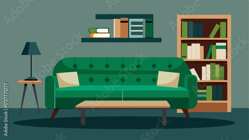 A lounge area with a velvet green sofa unique coffee table made from reclaimed wood and industrialstyle bookshelves.
