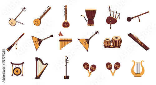 Diverse Collection of Global Musical Instruments Illustration.